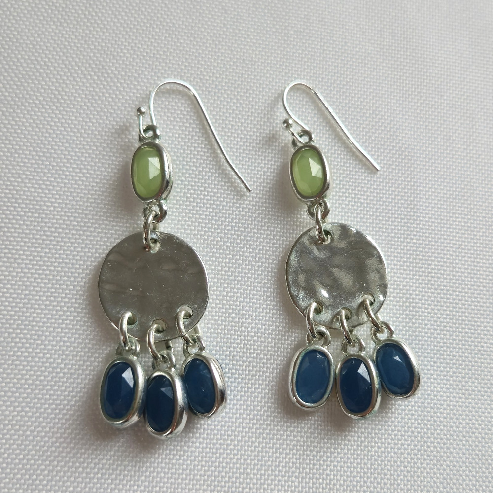 Boho Earrings Green Blue Acrylic Stones Silvertone Hammered Metal Dangle Drop 2"